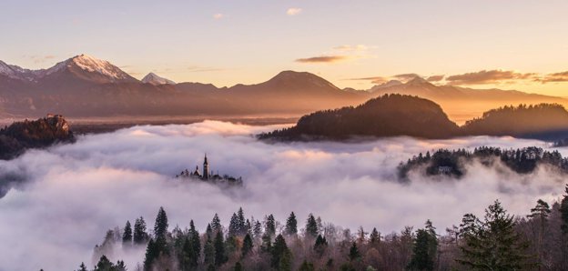 Aerial photography of cloudy mountain, Bled, Slovenia.