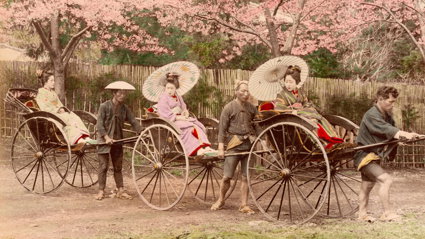 Early 19th century photograph of three geishas on jin rickshaws pulled by three men.