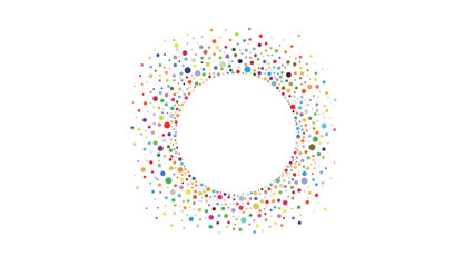 A circle made of colourful dots, empty in the middle with the dots spreading out to become more sparse towards the edge.
