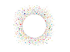 A circle made of colourful dots, empty in the middle with the dots spreading out to become more sparse towards the edge.