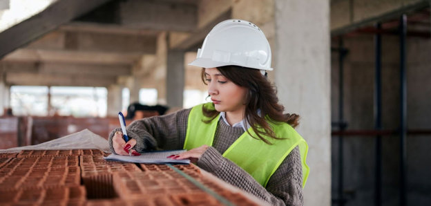 Construction worker in hard hat and high-vis vest writing on a clipboard beside stacked bricks.