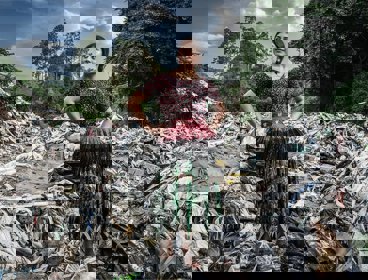 A person in traditional dress standing in a pile of plastic with hands on their hips.