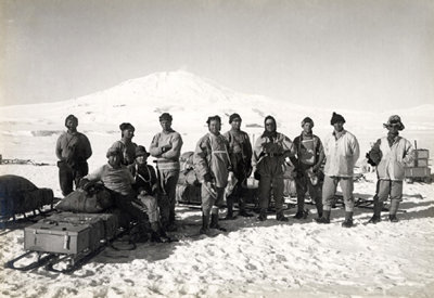 Scott and his men in Antarctica with Mt Erebus in the background