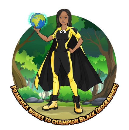 A female cartoon superhero dressed in yellow and black, under which there is a caption saying 'Francisca works to champion black geographers'