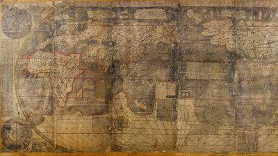 Part of a map by Matteo Ricci showing five continents and four oceans with China and the Pacific at the center.