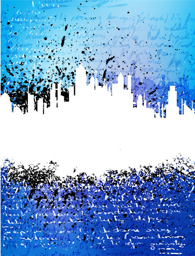 A graphic showing white buildings on a blue background