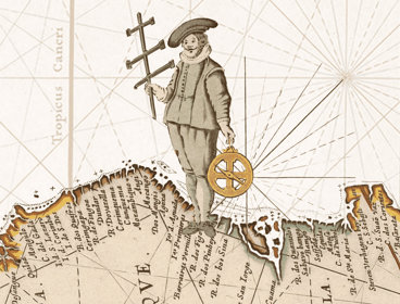 Illustrated colonial map featuring a person holding compass against background of nautical lines and ship.