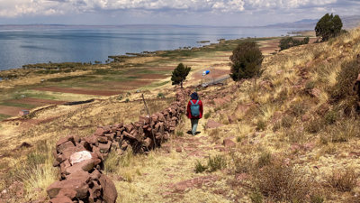 A person walking away along a path, with fields either side and the sea in the distance.