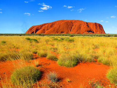 Bright colours define Uluru, with orange soil in the foreground scattered with green grass clumps, and a bright blue sky with a few small clouds. Uluru stand in the distance and is bright orange in colour.