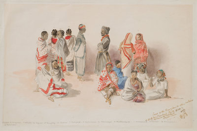 Historic watercolour painting of African women, some standing and some seated