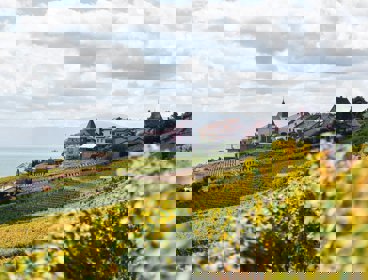 A village on a hill overlooking a lake