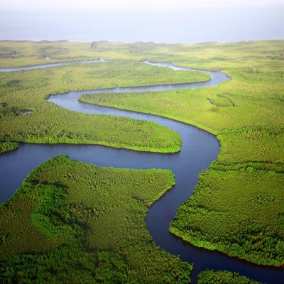 A deep blue river meandering through a lush green rainforest, taken from above.