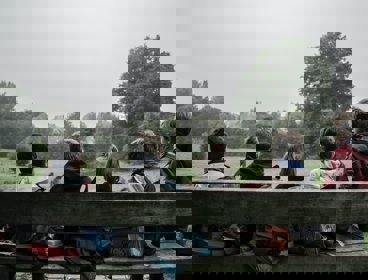 Five small children sitting on a bank in a rural setting, with their backs to the camera