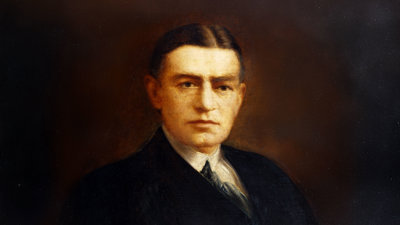 Oil on canvas portrait of Ernest Shackleton with Shackleton wearing a formal suit.