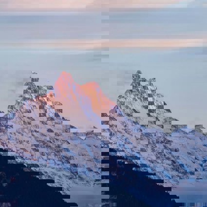 A mountain in the early or late sun, with its tip in soft sunlight. The mountain is purple, blue and white in colour where the rocks and snow meet.