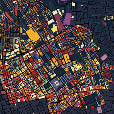 An aerial image of a map that has been coloured in blocks to represent housing types
