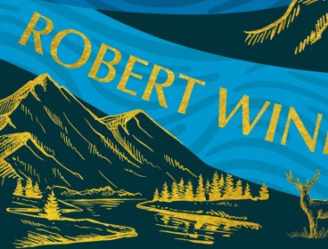 Mountains, river and deer drawn stylistically in green and yellow, with in the middle the text 'Robert Winder'.