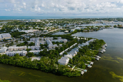 White houses on green reclaimed land near a water course