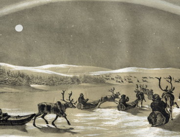 Black and white illustration of reindeer and men in Lapland .