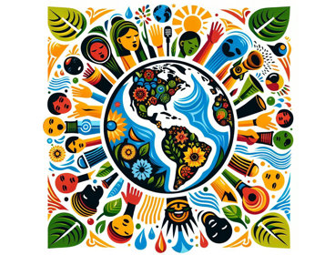 A cartoon flower covered globe surrounded by people.