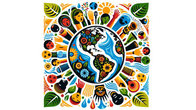 A cartoon flower covered globe surrounded by people.