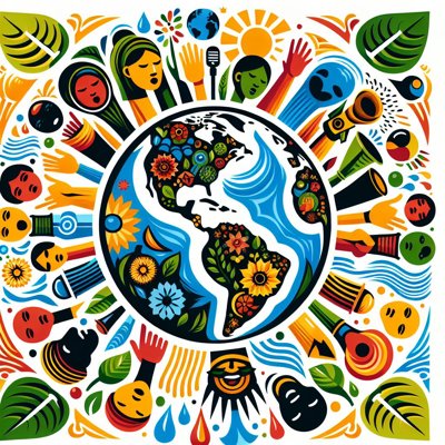 A cartoon flower covered globe surrounded by people