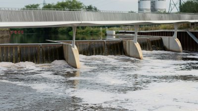 weir with bridge and pylon