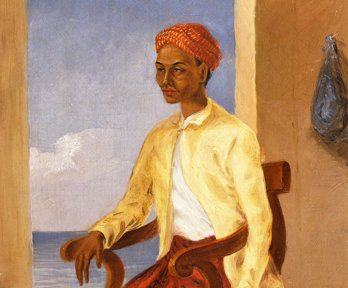 Historic oil painting of man sitting in chair.