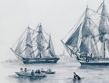 Erebus and Terror passing Gravesend in 1945 illustration.