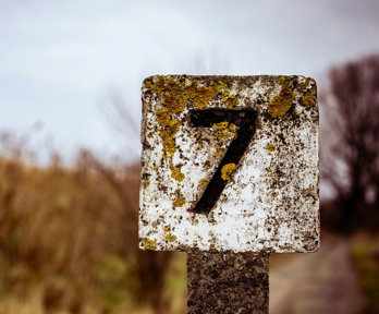 A signpost showing the number 7, covered with lichen and rust with a rural background.