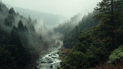 Aerial shot of river flowing through a forest of trees