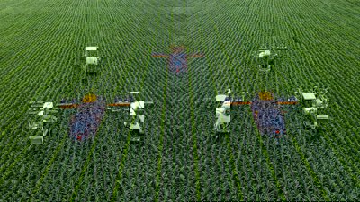 A green field with framing machinery