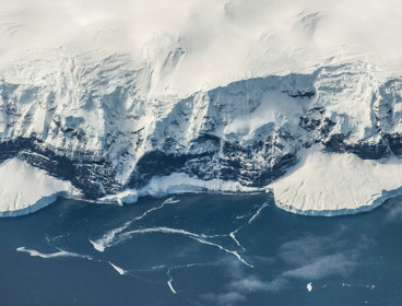 Aerial view of coastline in Antarctica.